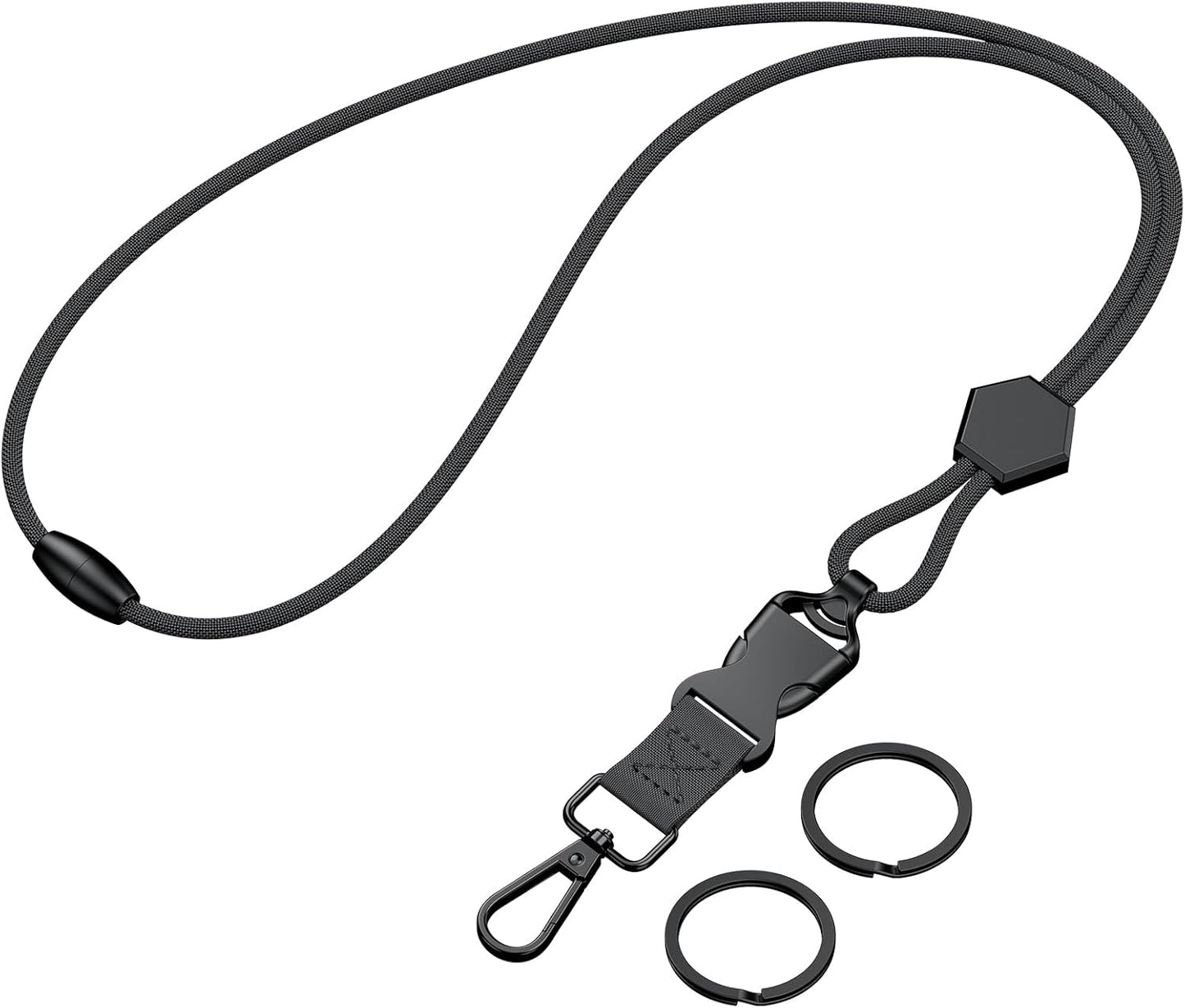 Breakaway Lanyard for ID Badges, Heavy Duty Neck Lanyard with Safety Breakaway Buckle Detachable Buckle Length Adjuster Swivel Hook & Key Rings, Adjustable Round Cord for Keys, Black