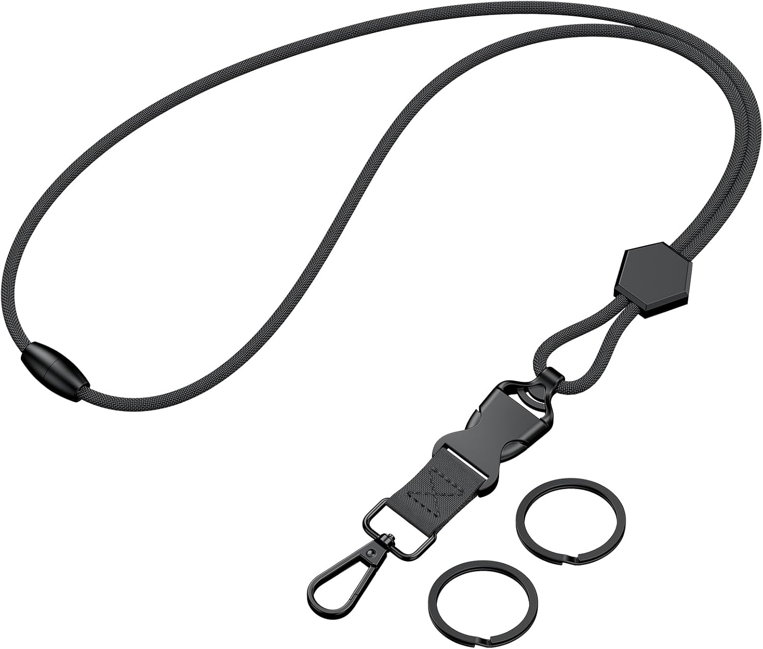 Breakaway Lanyard for ID Badges, Heavy Duty Neck Lanyard with Safety Breakaway Buckle Detachable Buckle Length Adjuster Swivel Hook & Key Rings, Adjustable Round Cord for Keys, Black