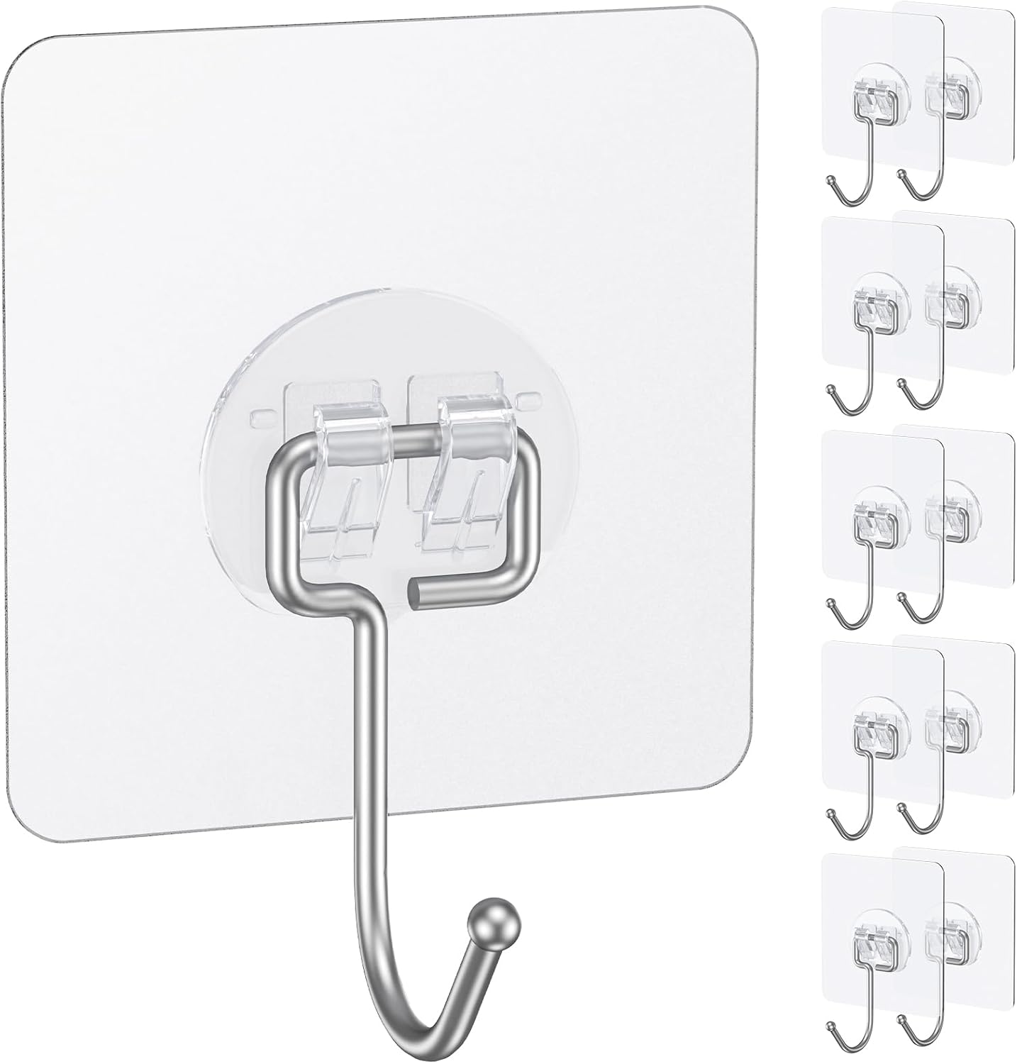 10 Pcs Large Adhesive Hooks for Hanging, 33 lbs (Max) Heavy Duty Wall Hooks, Clear Waterproof Picture Hangers, Self-Adhesive Sticky Hangers for Outdoor Bathroom Kitchen and Office