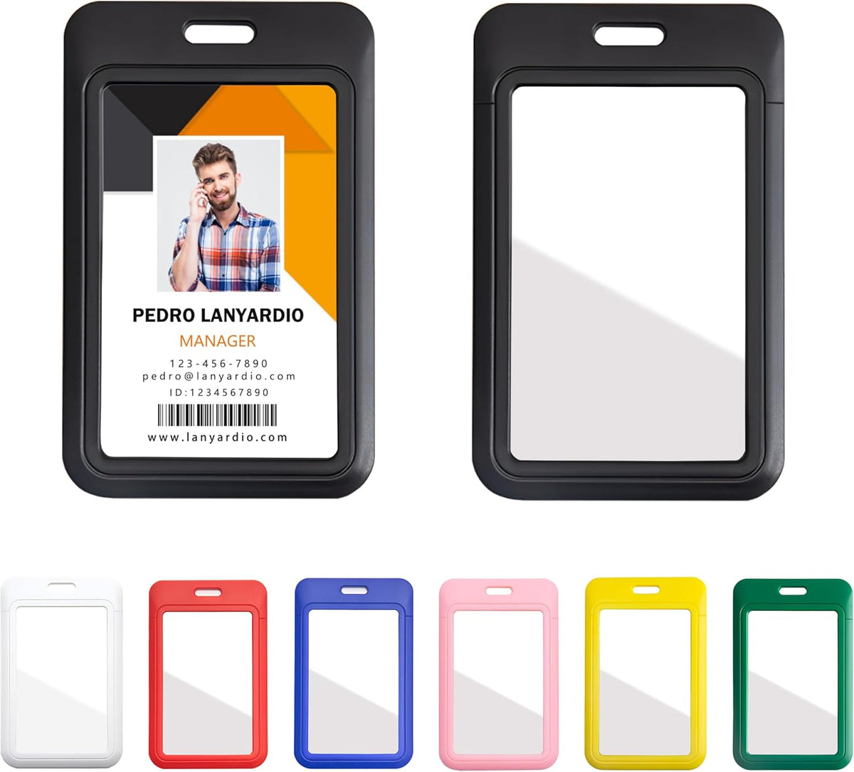 Black plastic ID badge holder with clear window and sliding cover