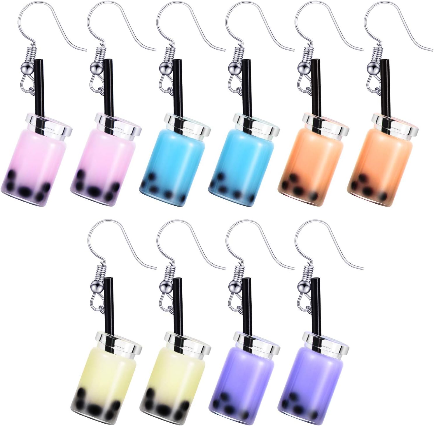 5 Pairs Cute Bubble Tea Dangle Earrings Bubble Milk Tea Drop Earrings Colorful Creative Funny Jewelry for Women Gift