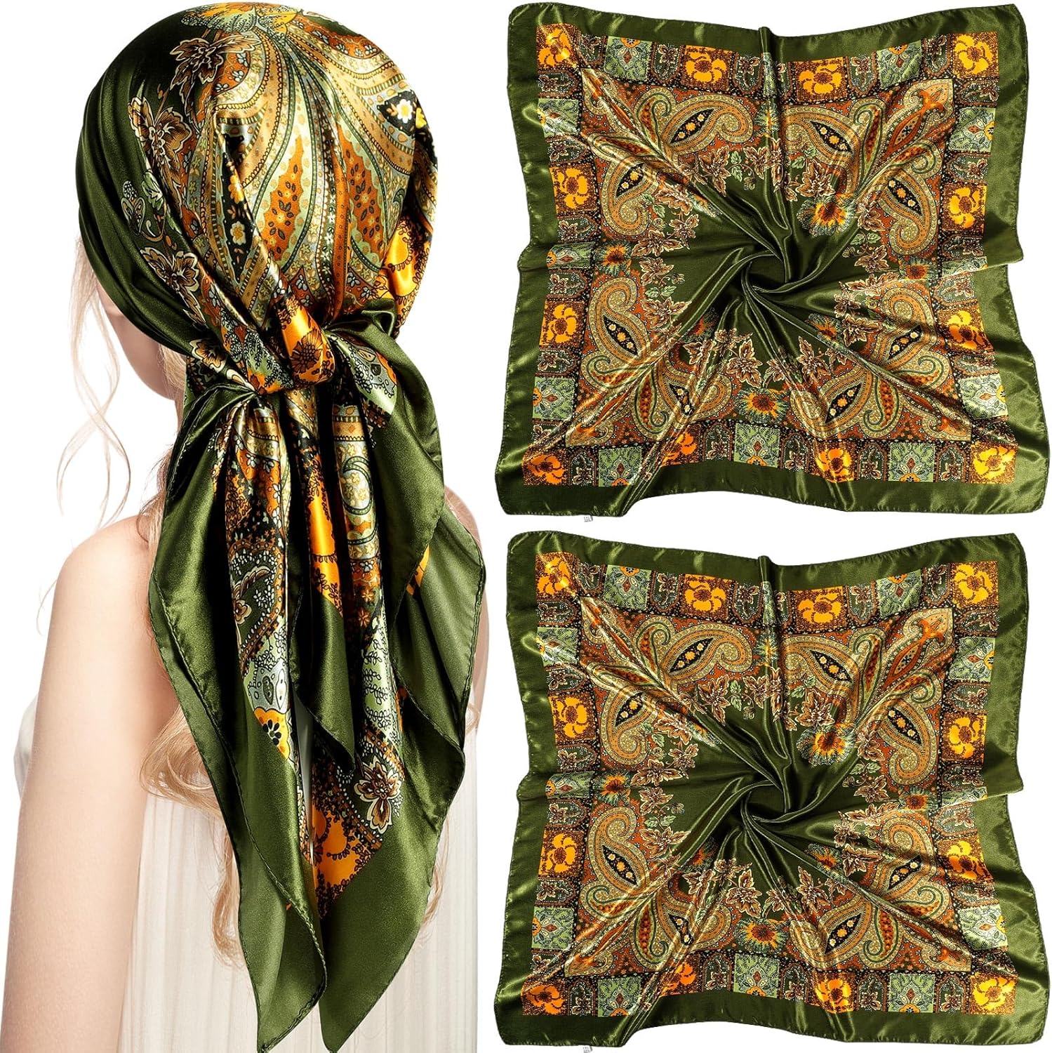 35 Inch Silky Head Scarf 2 Pcs Large Square Neck Scarf Sleeping Hair Wrapping Satin Bandana for Women