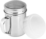 Powdered sugar shaker duster with a handle, made of stainless steel.
