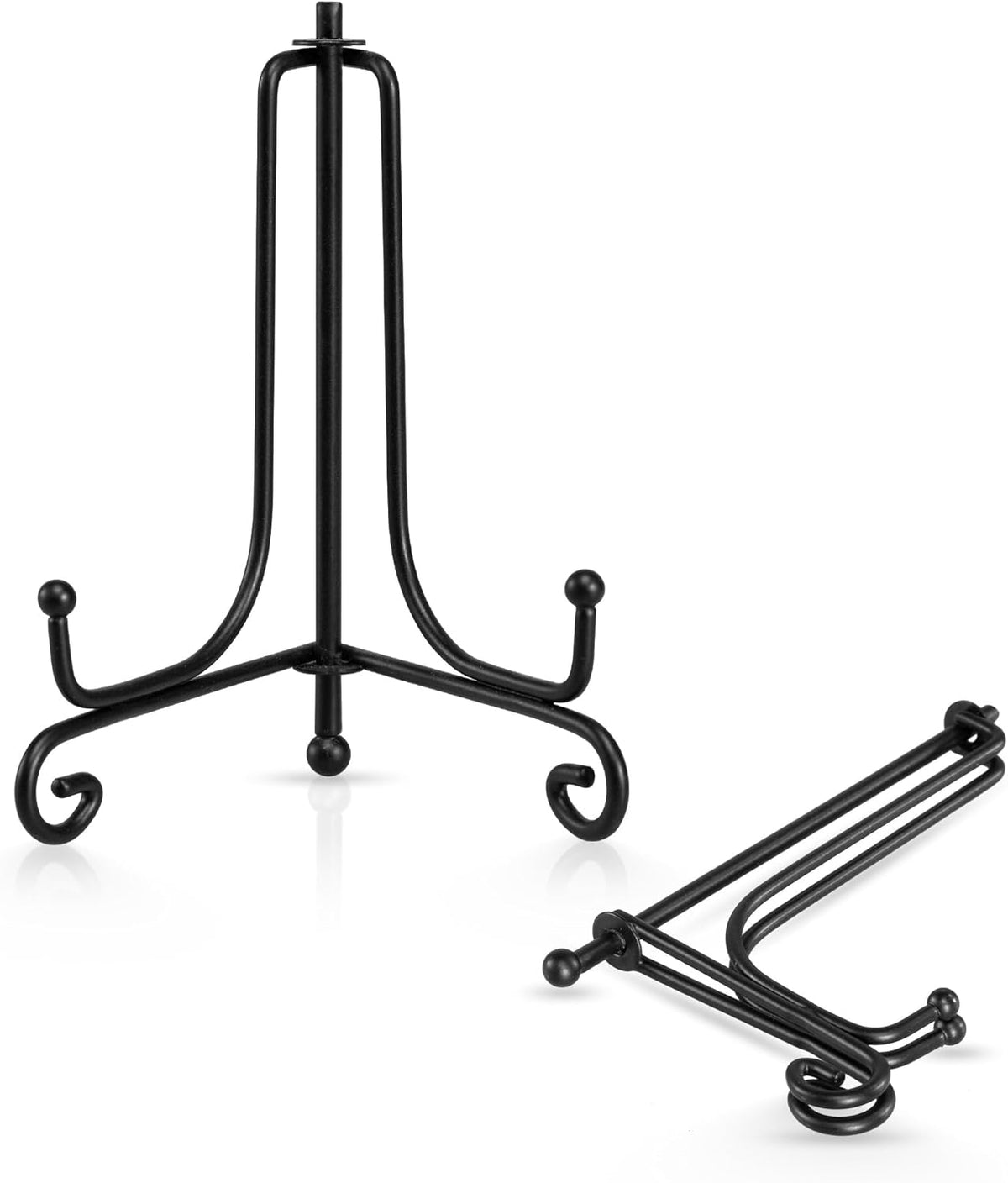 Four black iron display stands folded for storage.