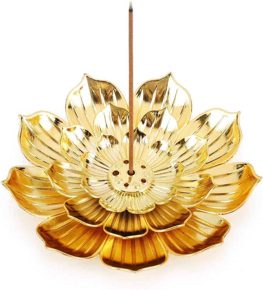 Zinc Alloy Incense Holder, Lotus Stick Incense Burner, Incense Holder for Stick/Coil/Cone Incense with Ash Catcher, Gold