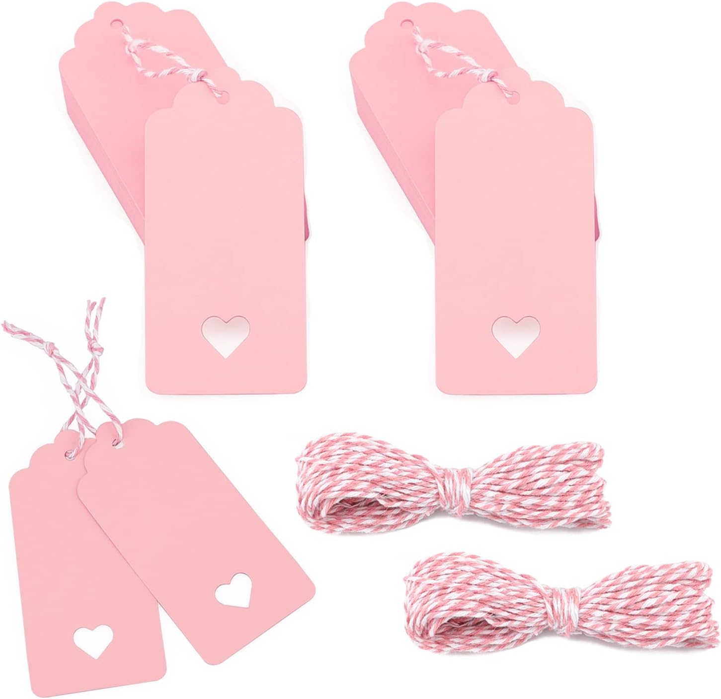 100Pcs Gift Tags with String, Pink Paper Tag with Hollow Heart, 3.7 x 1.7Inch Mother Day Tags, Blank Gift Wrapping Hangtag, Party Favors Tag for Wedding, Birthday, Baby Shower