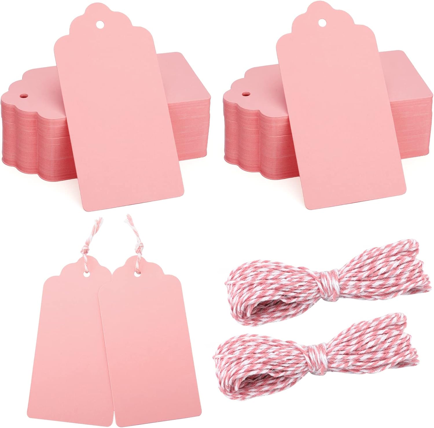 100pcs Blank Paper Gift Tags with String, 4'x 2' Pink Rectangle Craft Hang Labels, Gift Wrap Tags for Father's Day, Christmas, Wedding, Birthday, Baby Shower