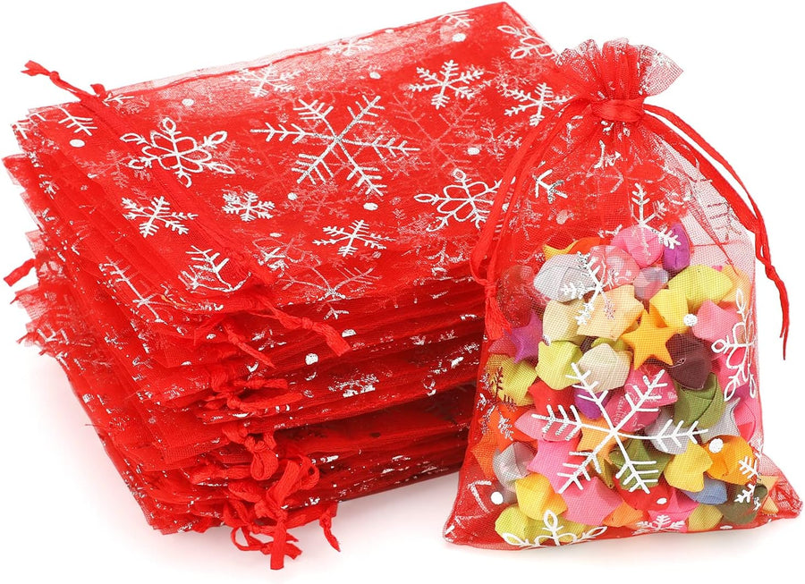 4x6 Inch Christmas Organza Bags - 50Pcs Red Snowflake Gift Bags with Drawstring, Xmas Party Favor Sheer Mesh Pouches for Winter Gift, Candy, Jewelry Bag