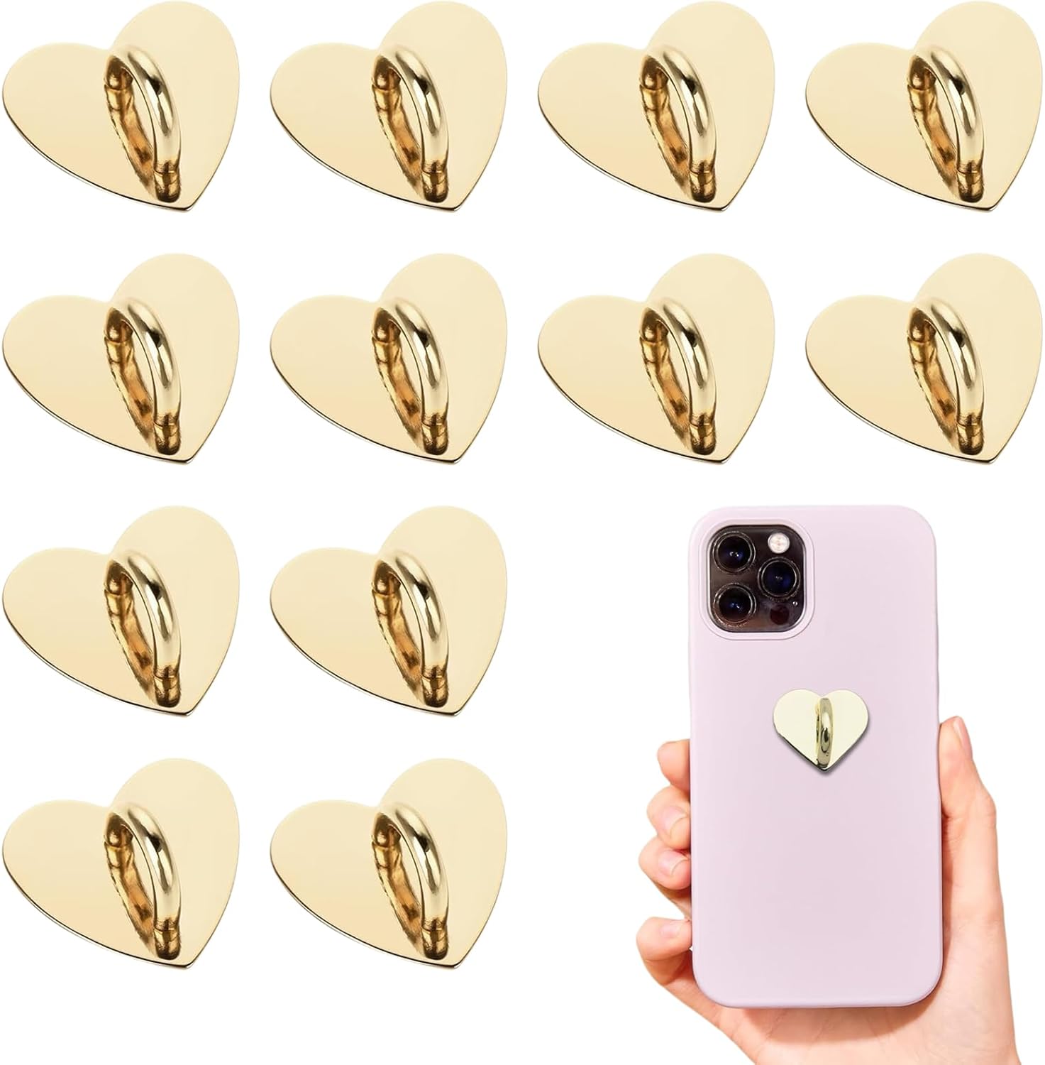 12 Pcs Phone Charm Hook Heart-Shaped Universal Adhesive Metal Hook Phone Keychain Hook Surface Plating Heart Cell Phone Ring Holder Suitable for Cell Phone Case Tablet DIY Hanging Accessories (Gold)