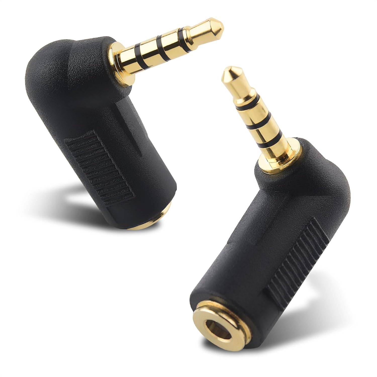 2-Pack TRRS Right Angle 3.5mm Adapter in Black (3.5mm Right Angle Adapter, 90 Degree Audio Converter)
