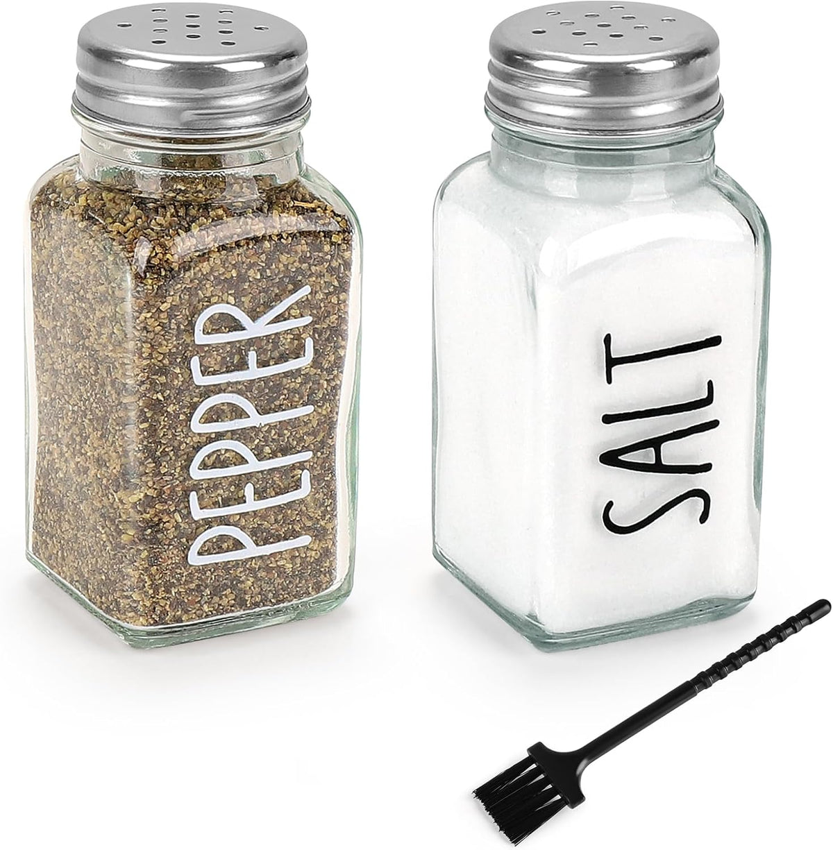 Salt and Pepper Shakers Set, 3oz Glass Salt Pepper Shaker Containers with Stainless Steel Lids for Rustic, Farmhouse, Home Kitchen, Restaurant, Transparent