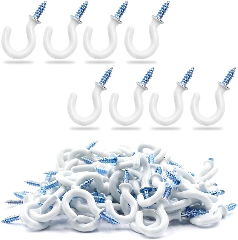 50Pcs 1/2-Inch Cup Hooks Ceiling Hooks, Plastic-Covered Metal Screw-in Hooks, White