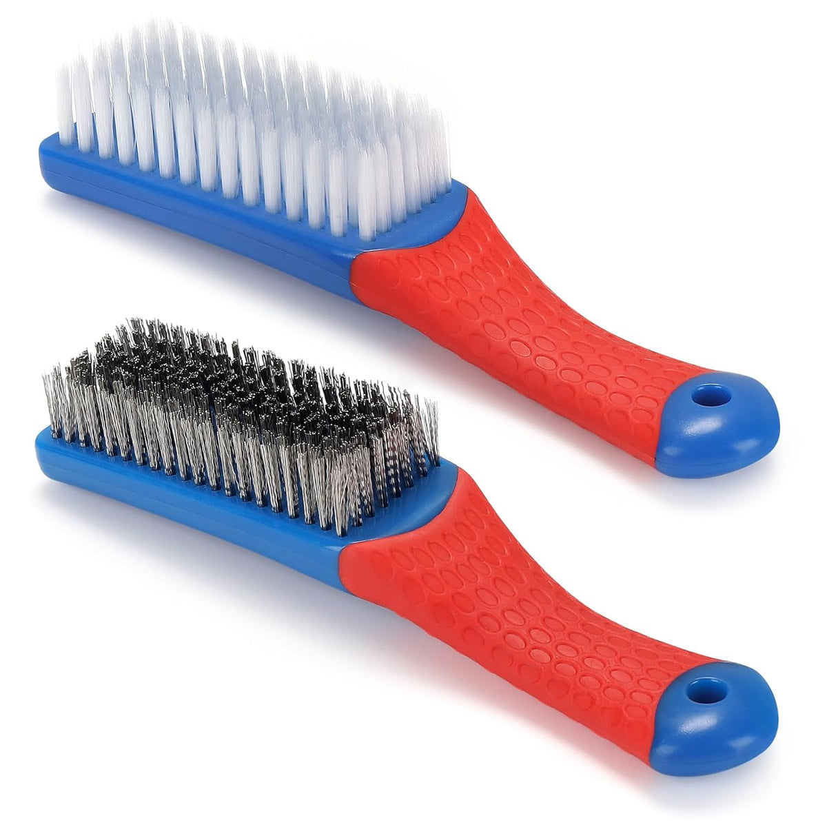 Wire Brush 2 Pack, Multi-Purpose Stainless Steel Scratch Bristle & Nylon Abrasive Brush Set for Cleaning Heavy Duty Metal Rust, Scrubbing Dirt & Paint Removal with Rubber Covered Curved Handle