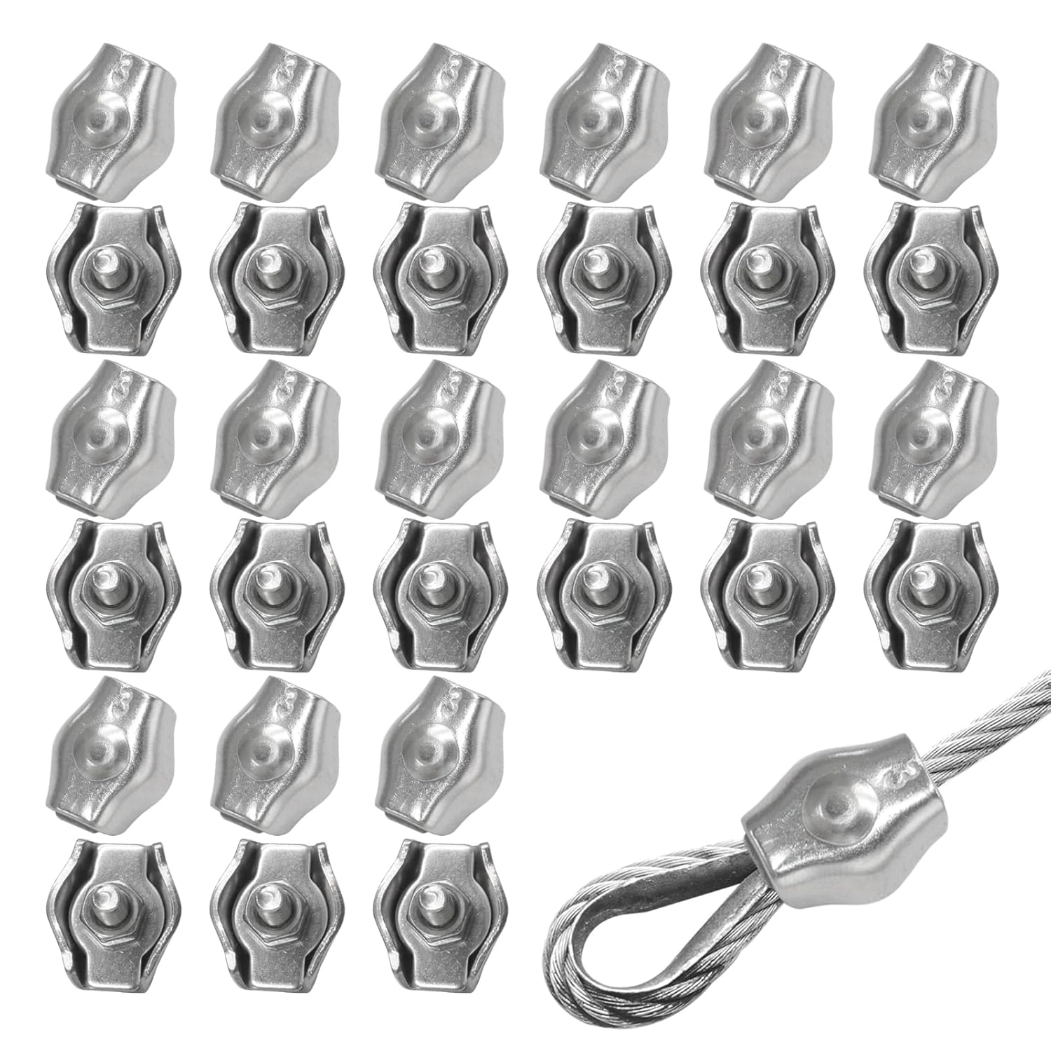 30Pcs M3 Stainless Steel Wire Rope Cable Clip Clamp Simplex Single Bolt Wire Rope Clamps Cable Fasteners for 1/8" Diameter Wire Rope