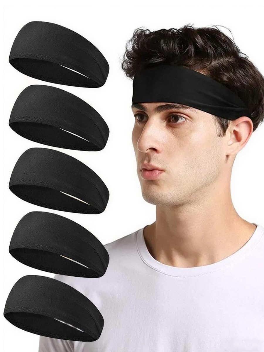 5-Pack Men’s Headbands for Sports – Sweat Absorbent Workout Headwraps, Non-Slip Gym Headbands for Running, Yoga & Training(Black)
