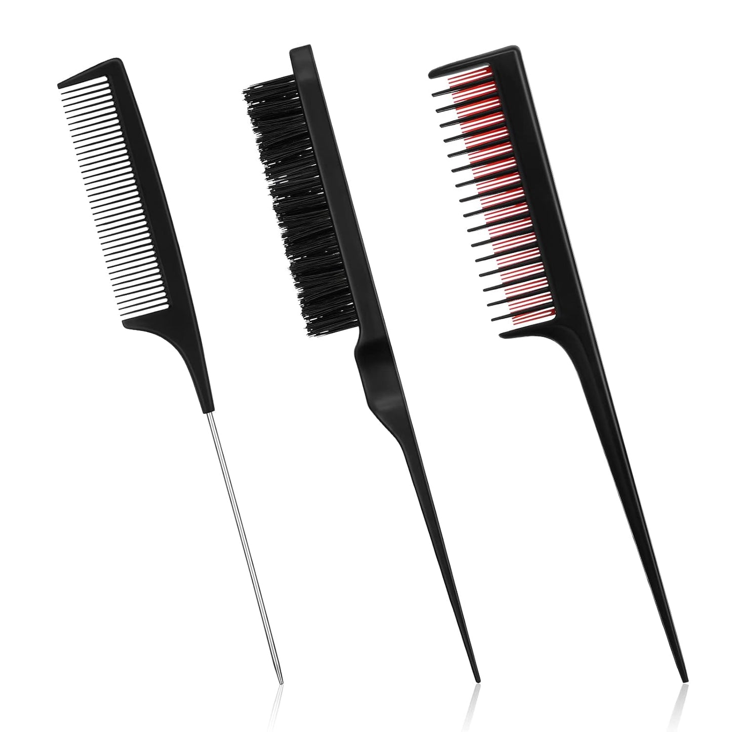 3 Pieces Hair Styling Comb Set for Women's Back Combing - Teasing/Fluffy Brush, Rat Tail Comb, and Triple Combing Comb (Black)