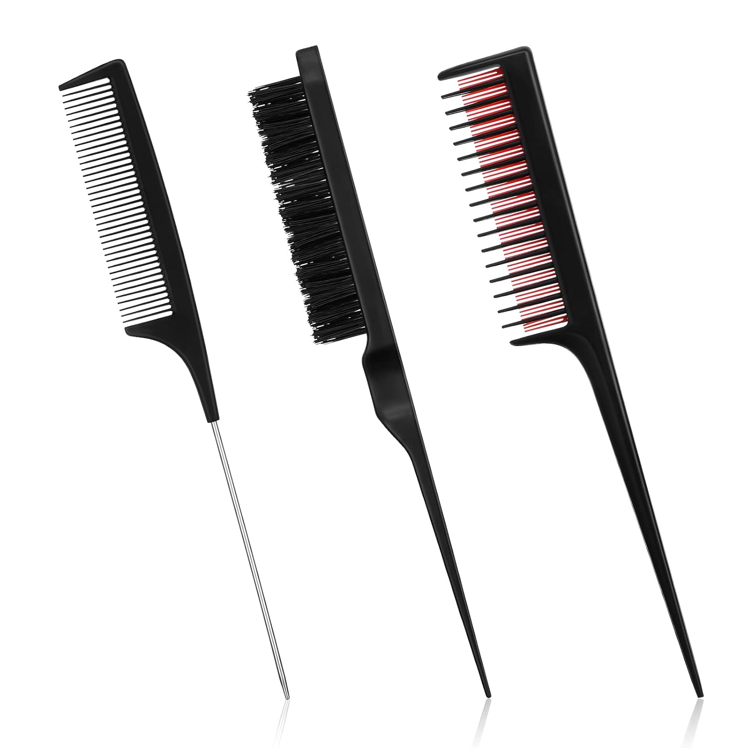 3 Pieces Hair Styling Comb Set for Women's Back Combing - Teasing/Fluffy Brush, Rat Tail Comb, and Triple Combing Comb (Black)