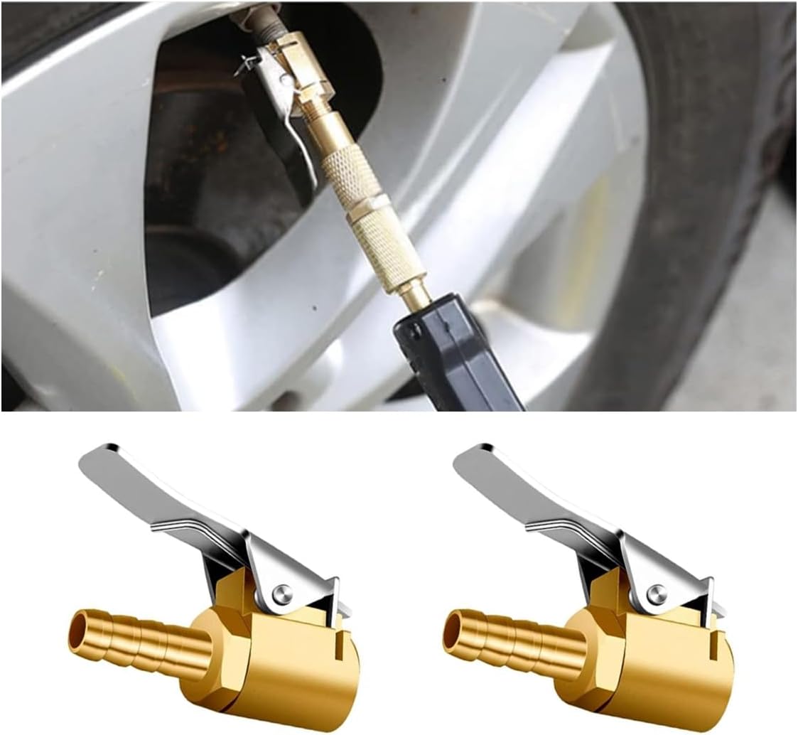 2PCS 1/4" Brass Locking Tire Air Chucks, Portable Barb Lock No Leakage Air Chuck Adapter, Locking Tire Inflator Nozzle Adapter Air Compressor Tire Chuck Hose End Repair (Barb Type)