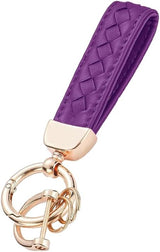 Genuine Leather Car Keychain, 360 Degree Rotatable Handmade Knit Sheepskin Keychain, Key Fob Holder with Anti-Lost D-Ring (Purple)