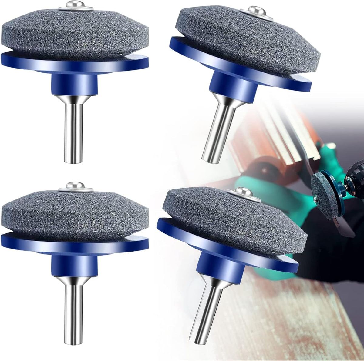 Lawnmower Blade Sharpener 4 Pack Rotary Lawn Mower Sharpener with Steel Backing, Universal Garden Tool Blade Sharpener for Power Drill Hand Drill