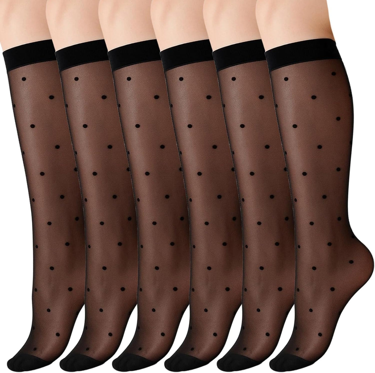 3 Pairs Women's Sheer Knee High Stockings, Black Dot Sheer Thin Socks, Stretchy Breathable Knee High Socks