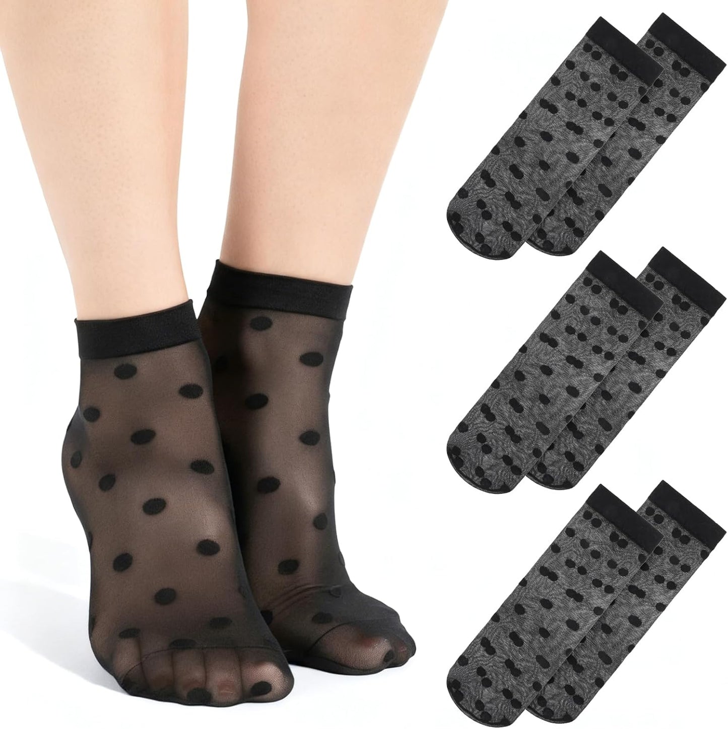 3 Pairs Women Sheer Ankle Socks, Sheer Polka Dot Ankle Dress Socks for Women, Stretchy Breathable Reinforced Toe Nylon Thin Fishnet Mesh Elegant Casual Lace Trouser Sockings (Black)
