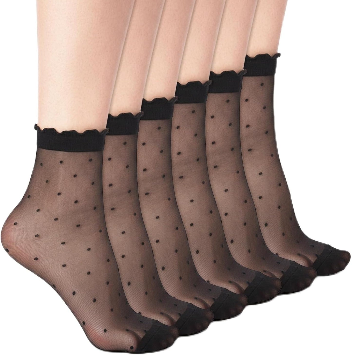 3 Pairs Women Sheer Ankle Socks, Ruffle Polka Dot Lace Mesh Black Sheer Socks, Nylon Stretchy Breathable Thin Fishnet Dress Sock with Reinforced Toe, Elegant Casual Stockings for Summer