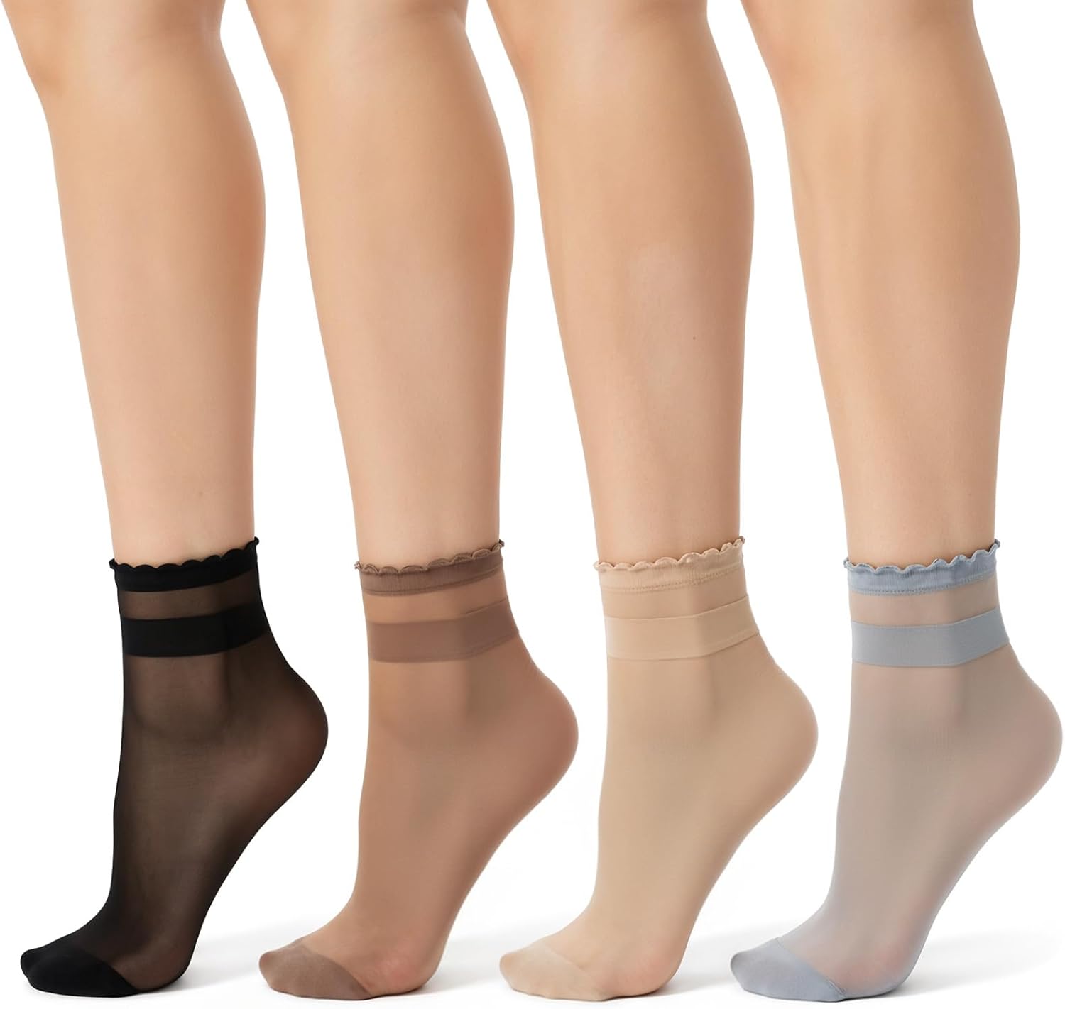 8 Pairs Womens Sheer Ruffle Socks, Ultra Thin Nude Ankle Socks, See Through Silk Nylon Stockings, Anti-Slip Invisible Elastic Short Sheer Sock for Women, Cool Breathable Summer Sock (4 Colors)