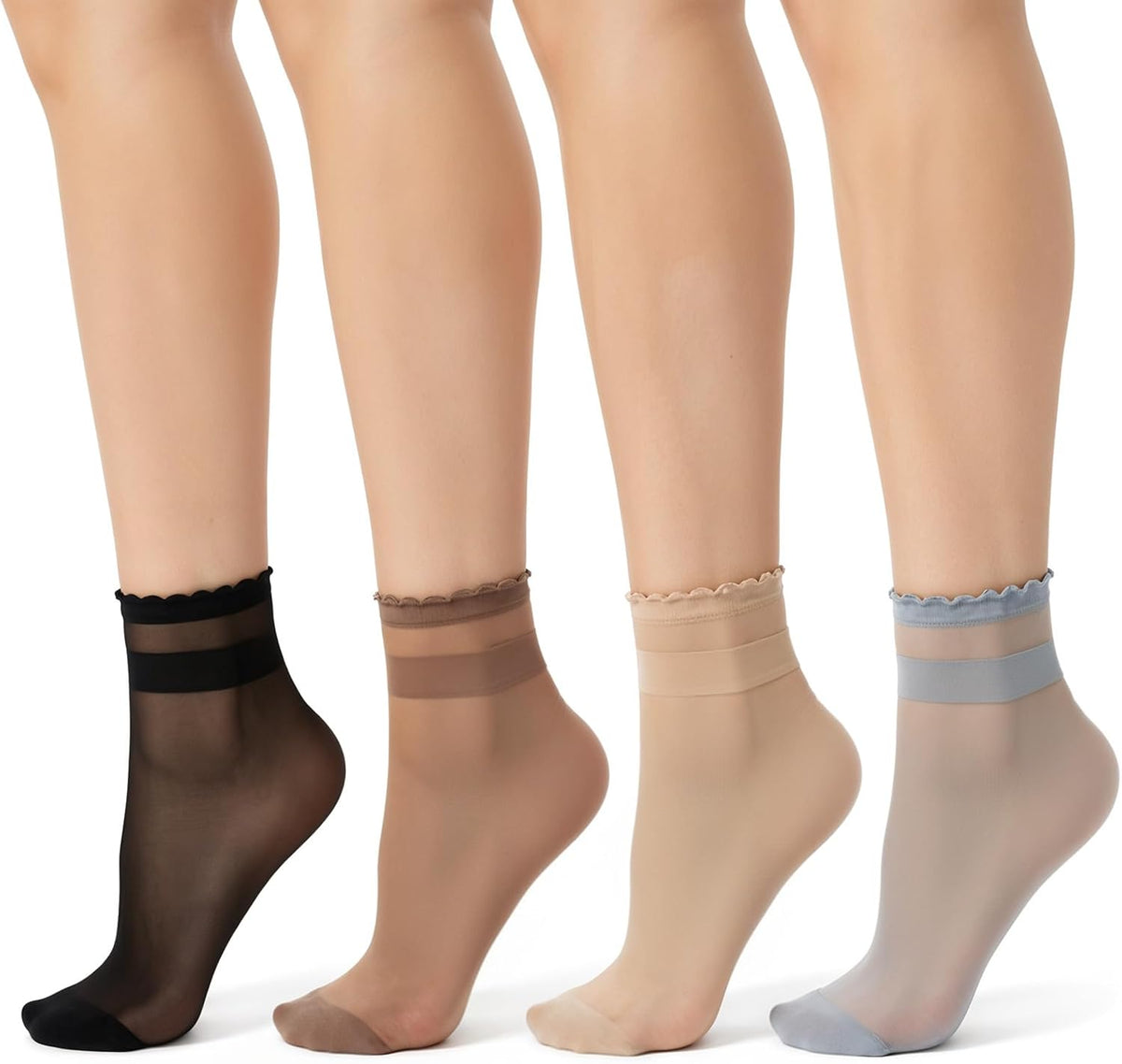 8 Pairs Womens Sheer Ruffle Socks, Ultra Thin Nude Ankle Socks, See Through Silk Nylon Stockings, Anti-Slip Invisible Elastic Short Sheer Sock for Women, Cool Breathable Summer Sock (4 Colors)