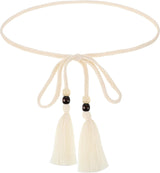 Women's Braided Knotted Waist Belt, Skinny Boho Chain Fringe Tie Belt with Wooden Beads Decorative Beaded Belts Waistband for Women Dresses, Skirts, Tunics Boho Outfits (White)