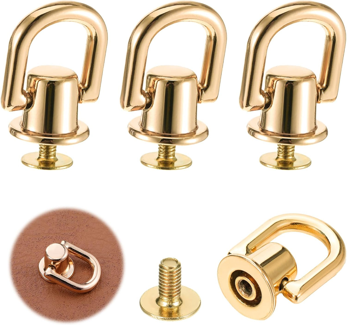 4 Pcs D Rings for Purse, Heavy Duty 360° Rotatable Metal Hardware, Stud Screw Ball Rivets with Punch Purse Making Supplies for Crossbody Conversion Kit DIY Handbag Leather Straps, Dog Collar (Gold)