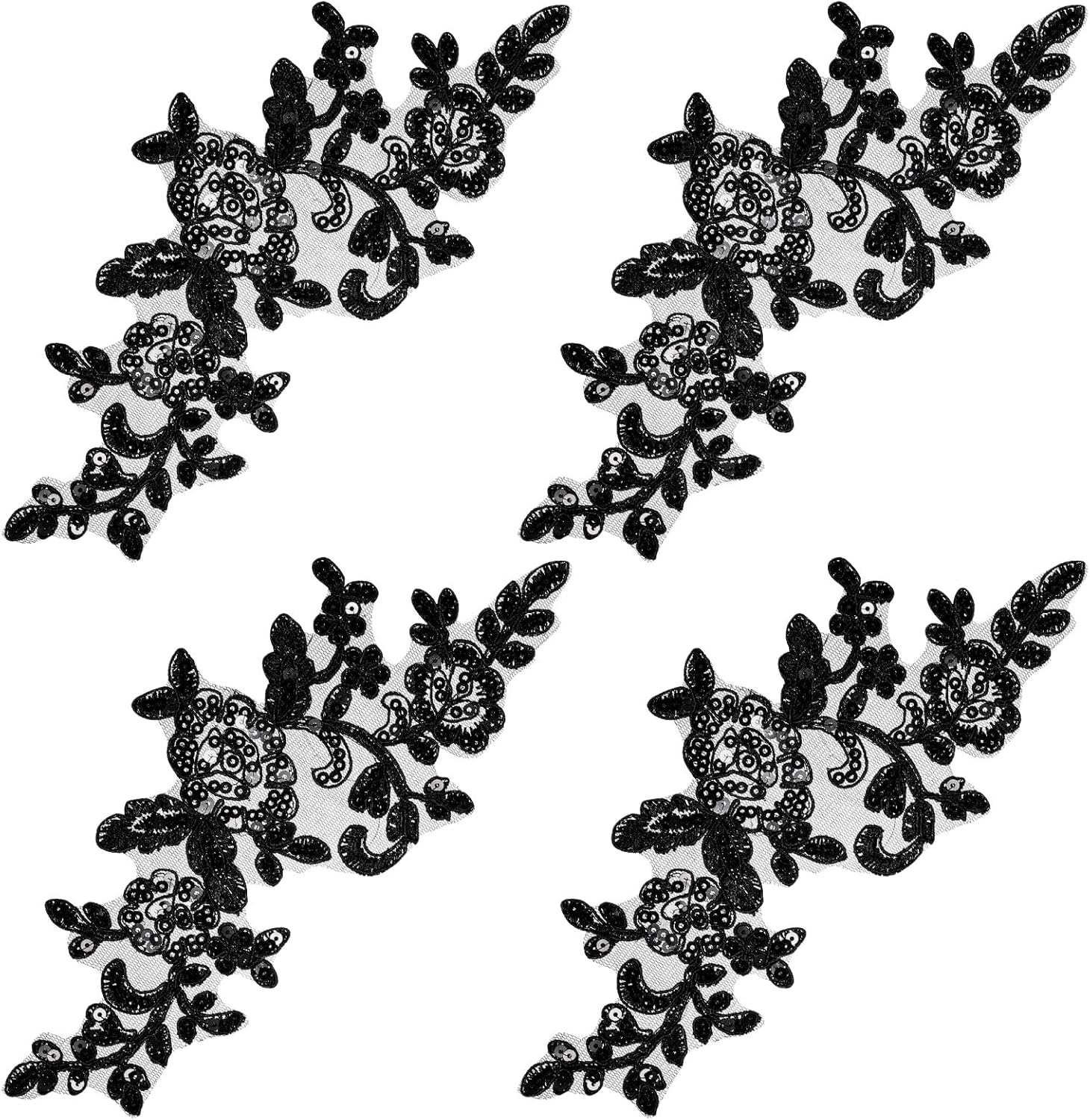 Appliques Patches, 4PCS Lace Embroidery Patches Black Embroidery Sequin Laces Appliques Lace Patch Sequin Bead Flower Laces Sew on Patch for Wedding Bridal Dress Sewing Craft DIY Clothes