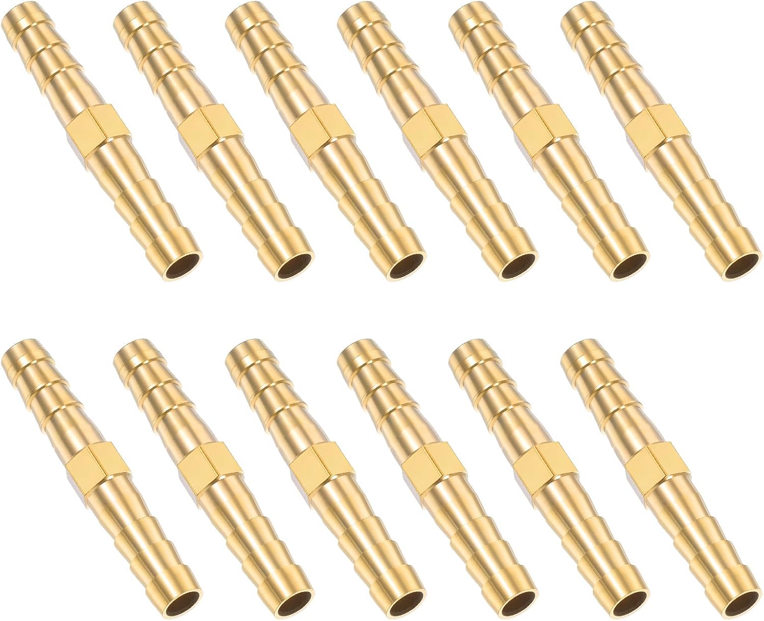 1/4 Inch Hose Barb Fitting, 12 Pcs Brass Splicer Mender Barbed Connector Air Hose Fittings Metal Air Line Repair Kit Garden Straight Watertight Hoses Connectors for Water, Fuel, Oil