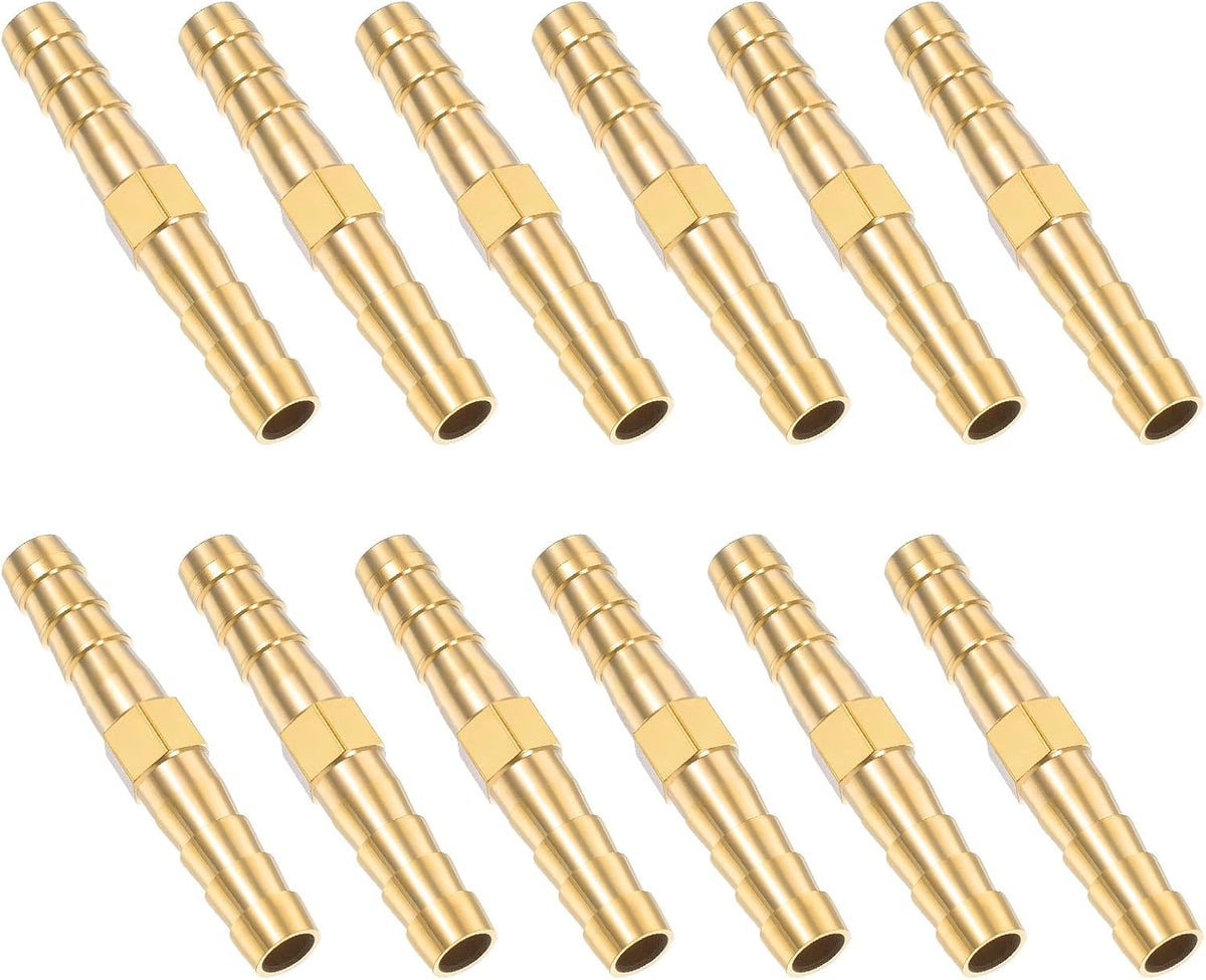 1/4 Inch Hose Barb Fitting, 12 Pcs Brass Splicer Mender Barbed Connector Air Hose Fittings Metal Air Line Repair Kit Garden Straight Watertight Hoses Connectors for Water, Fuel, Oil