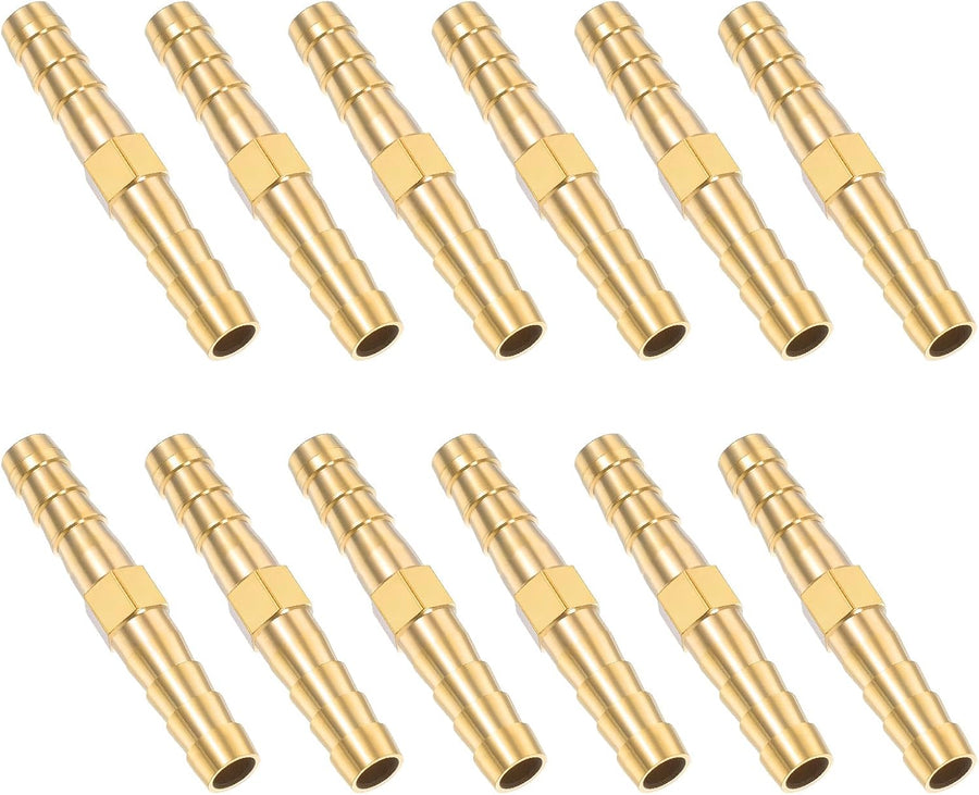 1/4 Inch Hose Barb Fitting, 12 Pcs Brass Splicer Mender Barbed Connector Air Hose Fittings Metal Air Line Repair Kit Garden Straight Watertight Hoses Connectors for Water, Fuel, Oil