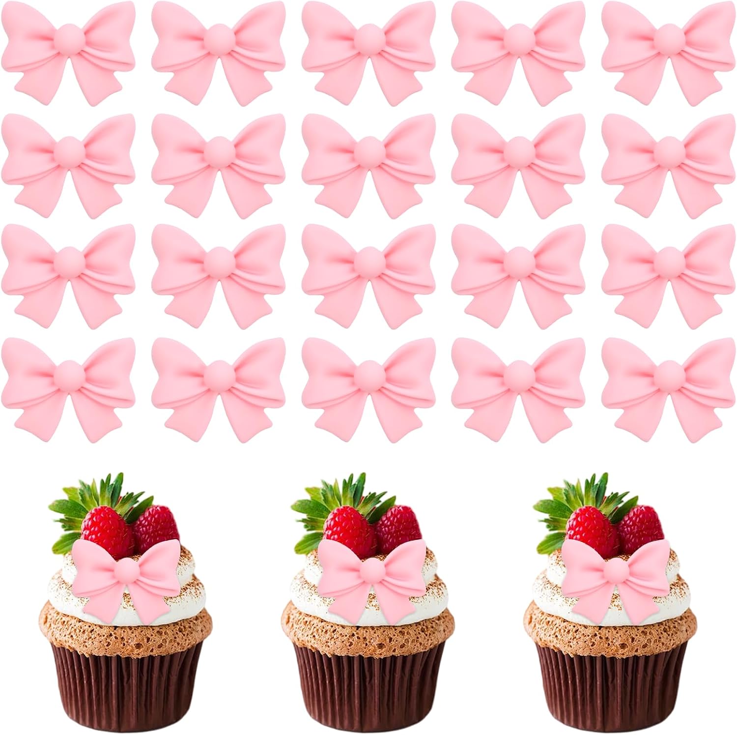 20 Pcs Pink Bow Cupcake Decorations, Resin Bowknot Cake Toppers Birthday Engagement Theme Party Decoration for DIY Art Crafts, Wedding, Baby Shower, Party