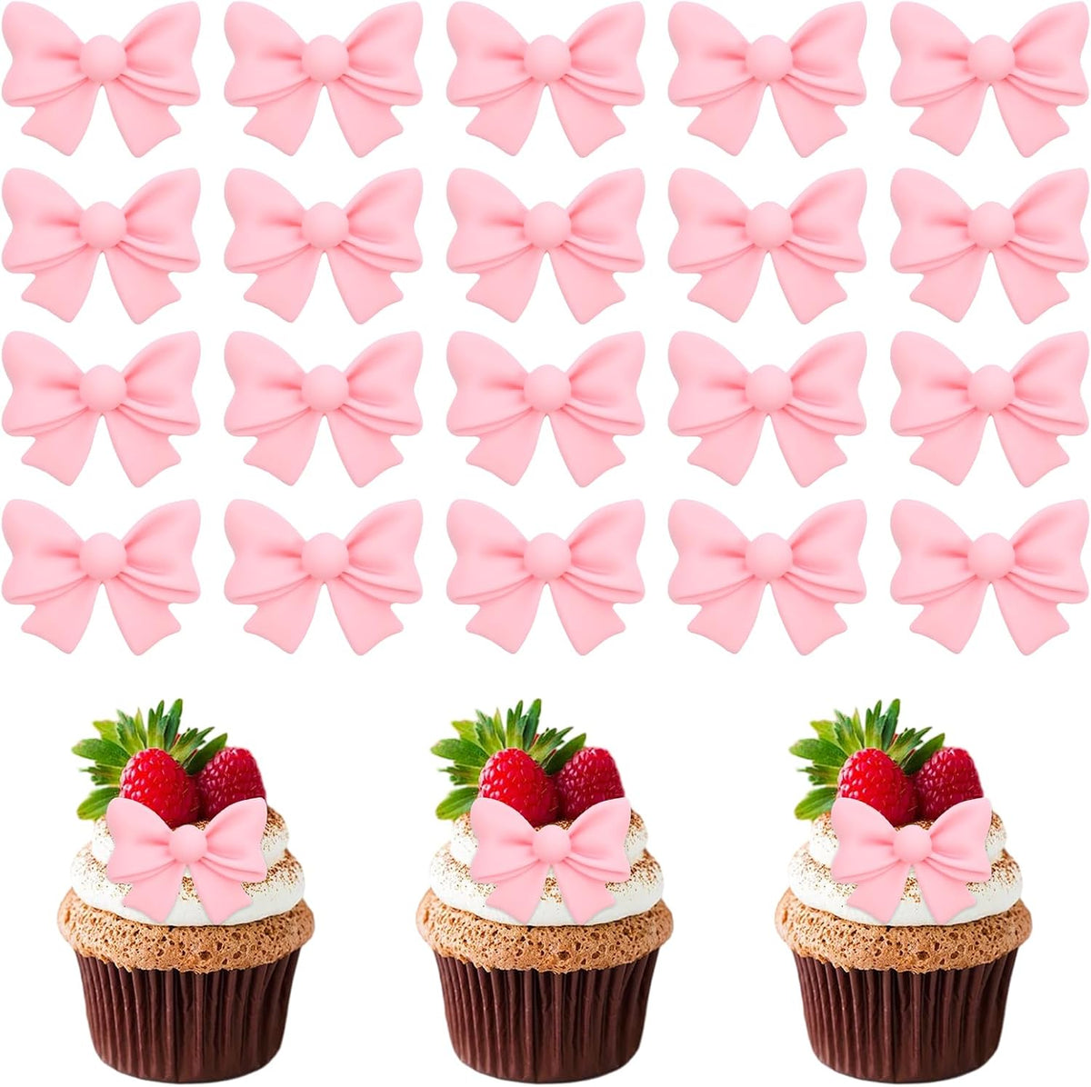 20 Pcs Pink Bow Cupcake Decorations, Resin Bowknot Cake Toppers Birthday Engagement Theme Party Decoration for DIY Art Crafts, Wedding, Baby Shower, Party
