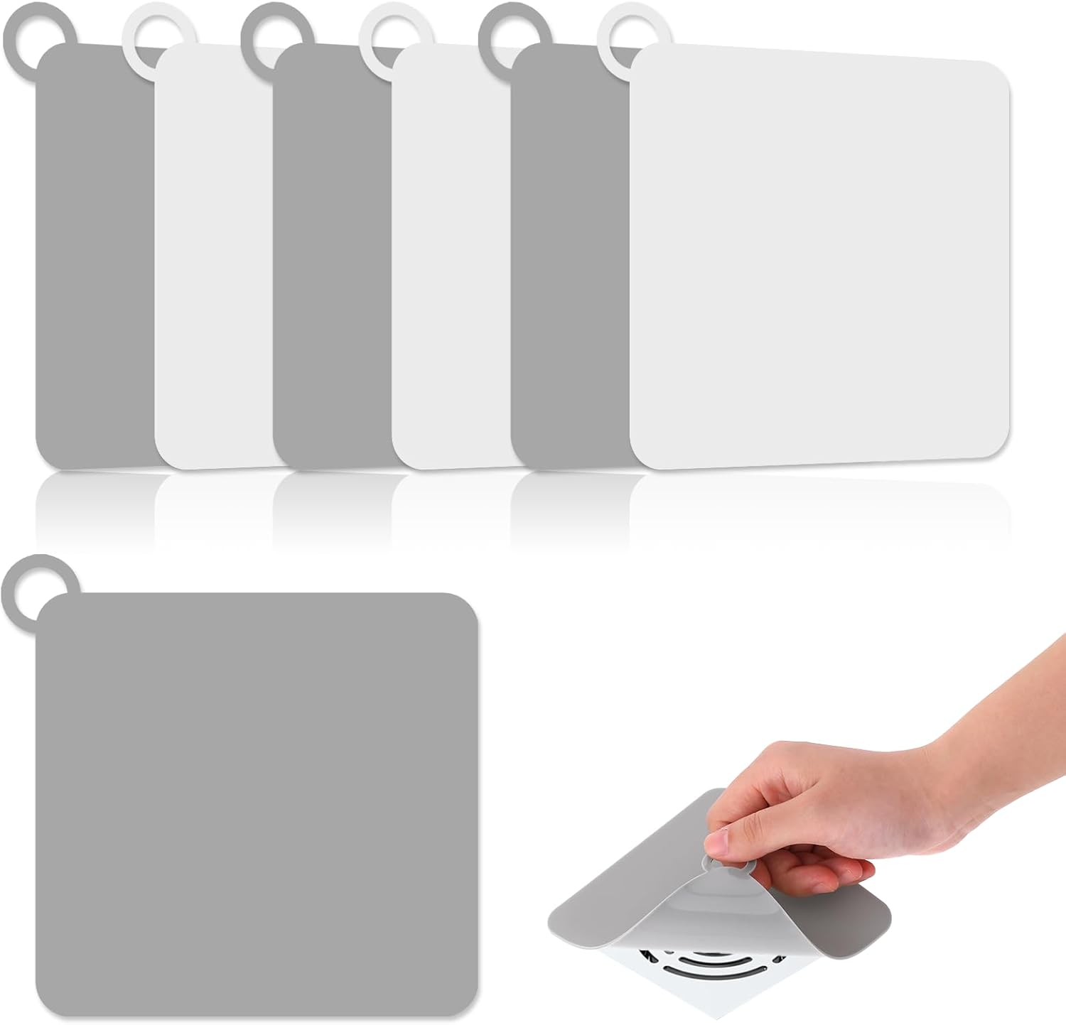 Drain Cover, 6 PCS Silicone Shower Drain Cover Square Bathtub Stopper Multifunctional Floor Drain Covers Anti-Blocking Sink Covers for Laundr Kitchen Bathroom (Grey, White, 5.9 x 5.9 Inch)