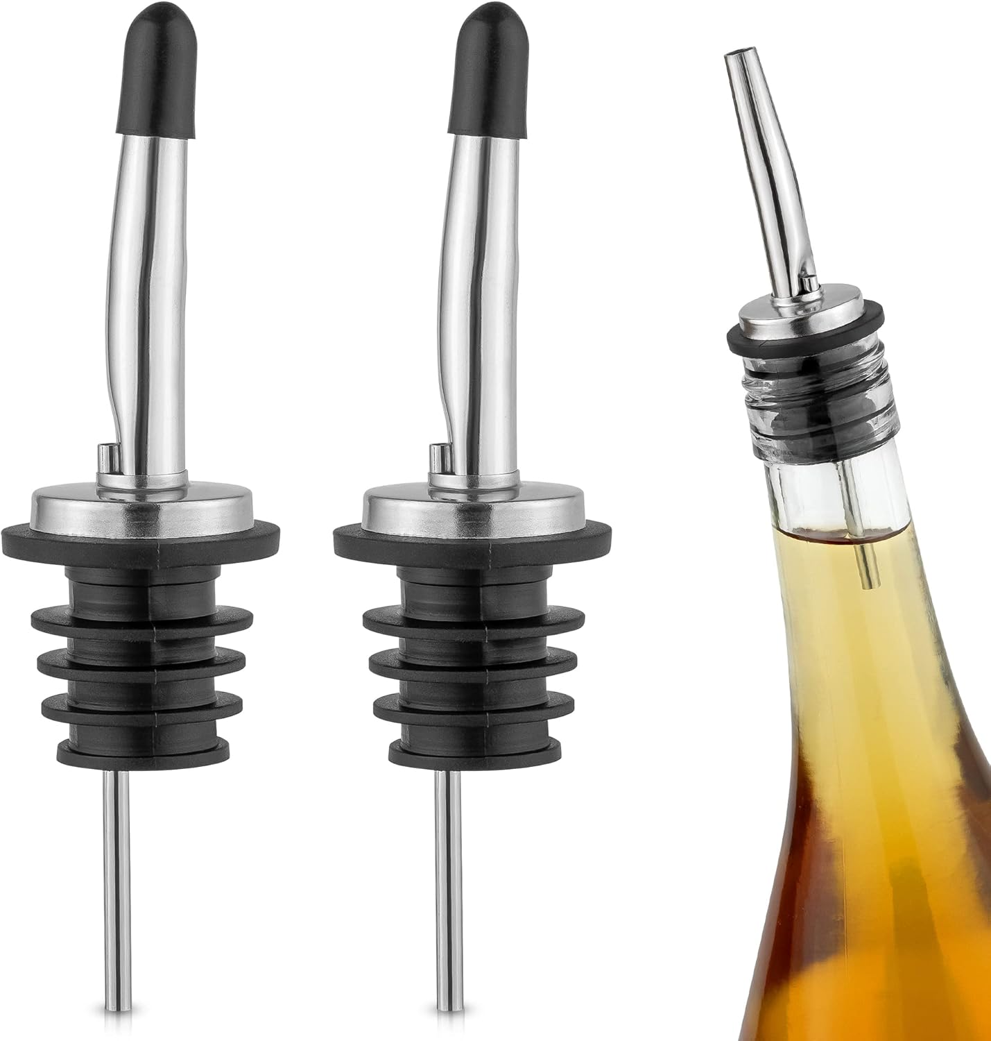 Zulay 2 Pack Stainless Steel Liquor Pourers with Rubber Dust Caps - Tapered Spout Liquor Bottle Pourers for Alcohol - Pour Spout For Liquor Bottles, Olive Oil Dispensers, Syrup, Vinegar, Juice