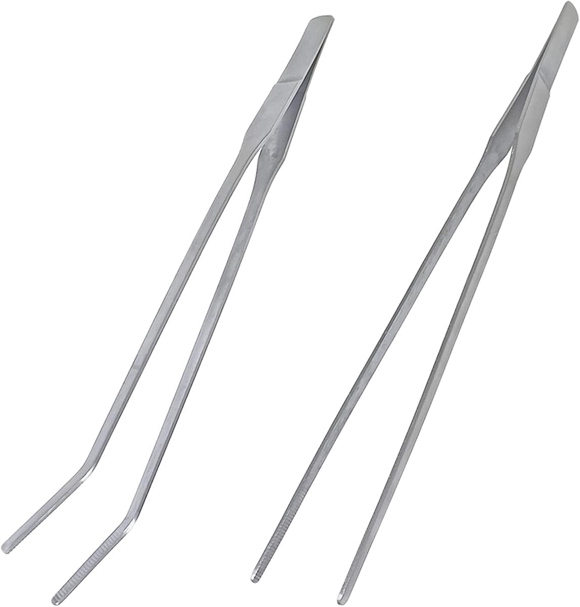 2 Pcs Feeding Tongs, Aquarium Tweezers Stainless Steel Straight and Curved Tweezers Set 27cm/10.6 inches Aquascaping Tools for Hold Worms, Reptiles, Lizards, Bearded Dragon (Silver)