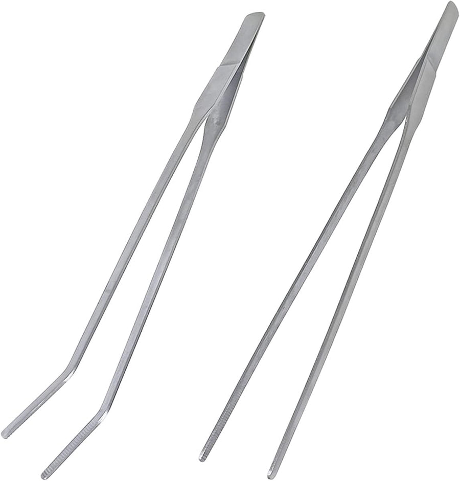 2 Pcs Feeding Tongs, Aquarium Tweezers Stainless Steel Straight and Curved Tweezers Set 27cm/10.6 inches Aquascaping Tools for Hold Worms, Reptiles, Lizards, Bearded Dragon (Silver)