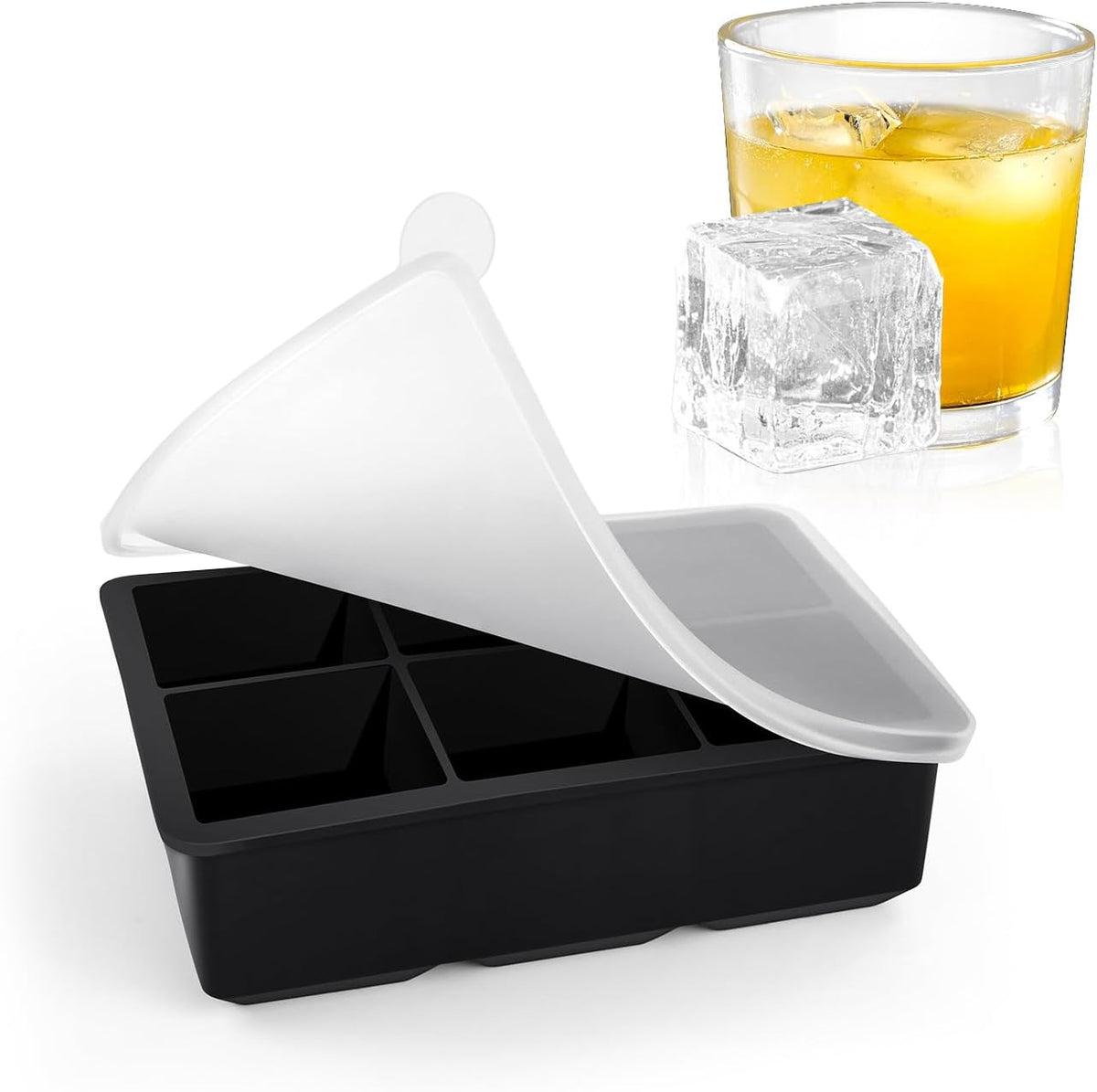 Large Ice Cube Tray with Lids, Big Square Silicone Freezer Mold, 2inch Huge Cubed Ice Maker for Whiskey, Cocktail, Freezing Broth, Rice, Leftovers and More (1-Pack 6 Cavities)