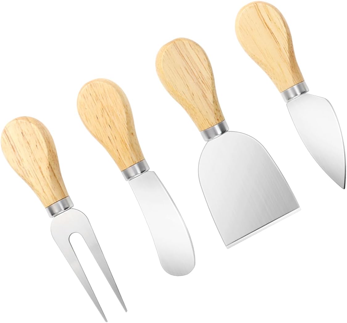 4-Piece Mini Wooden Handle Stainless Steel Cheese Set - Slicer, Knife, Fork, Butter Knife for Charcuterie & Cheese Spread
