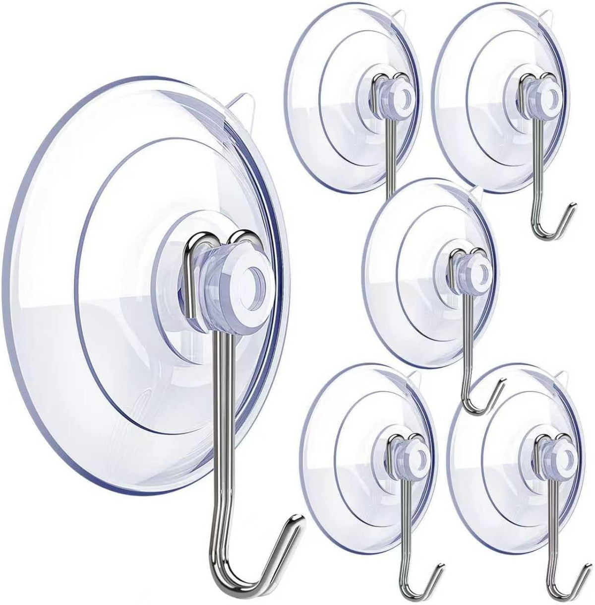 Suction Cup Hooks,6 PCS Clear Suction Cup for Glass Window Decor Shower Bathroom Glass Window Shower Kitchen, Reusable PVC Cups with Removable Stainless Hooks, Assorted (6)