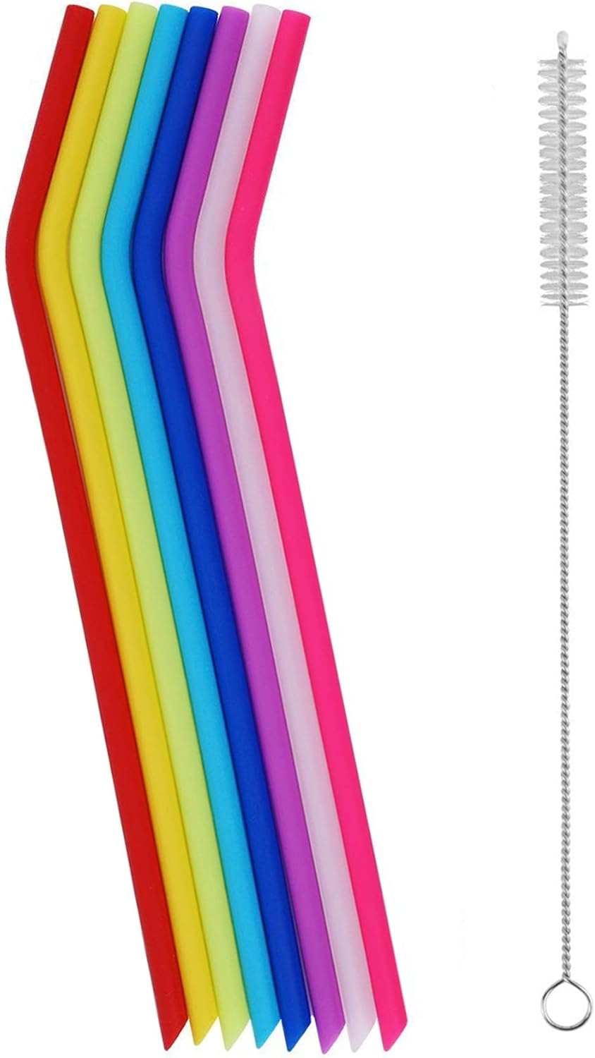 8 Pack Reusable Regular Size Silicone Drinking Straws with 1 Cleaning Brushes, Extra long Flexible Coffee Drinking Standard Size Straws for 20oz and 30oz Tumblers and Mason Jars