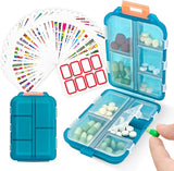 Pill Organizer with Medicine Labels, 10 Compartments Travel Pill Box with Removable Labels, Portable Foldable Supplement Box Holder for Fish Oil Vitamin