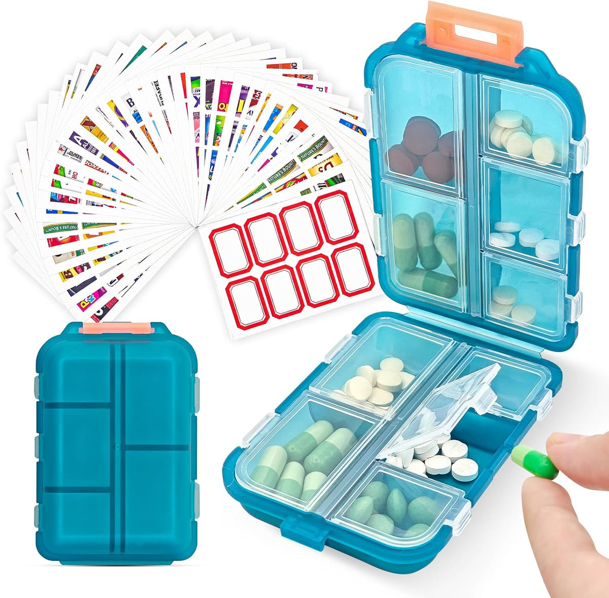 Pill Organizer with Medicine Labels, 10 Compartments Travel Pill Box with Removable Labels, Portable Foldable Supplement Box Holder for Fish Oil Vitamin