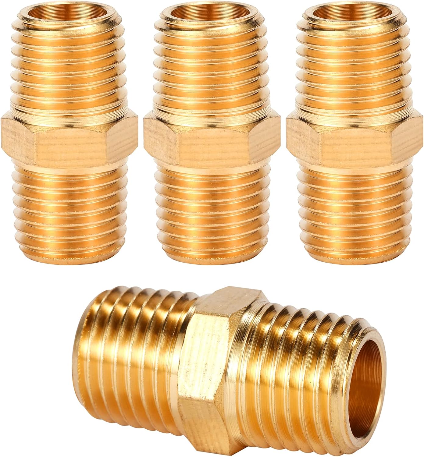 4 pcs Solid Brass Pipe Fitting, Hex Nipple, 1/4" x 1/4" NPT Male Pipe Adapter (O.D x O.D: 1/2'' x 1/2'')