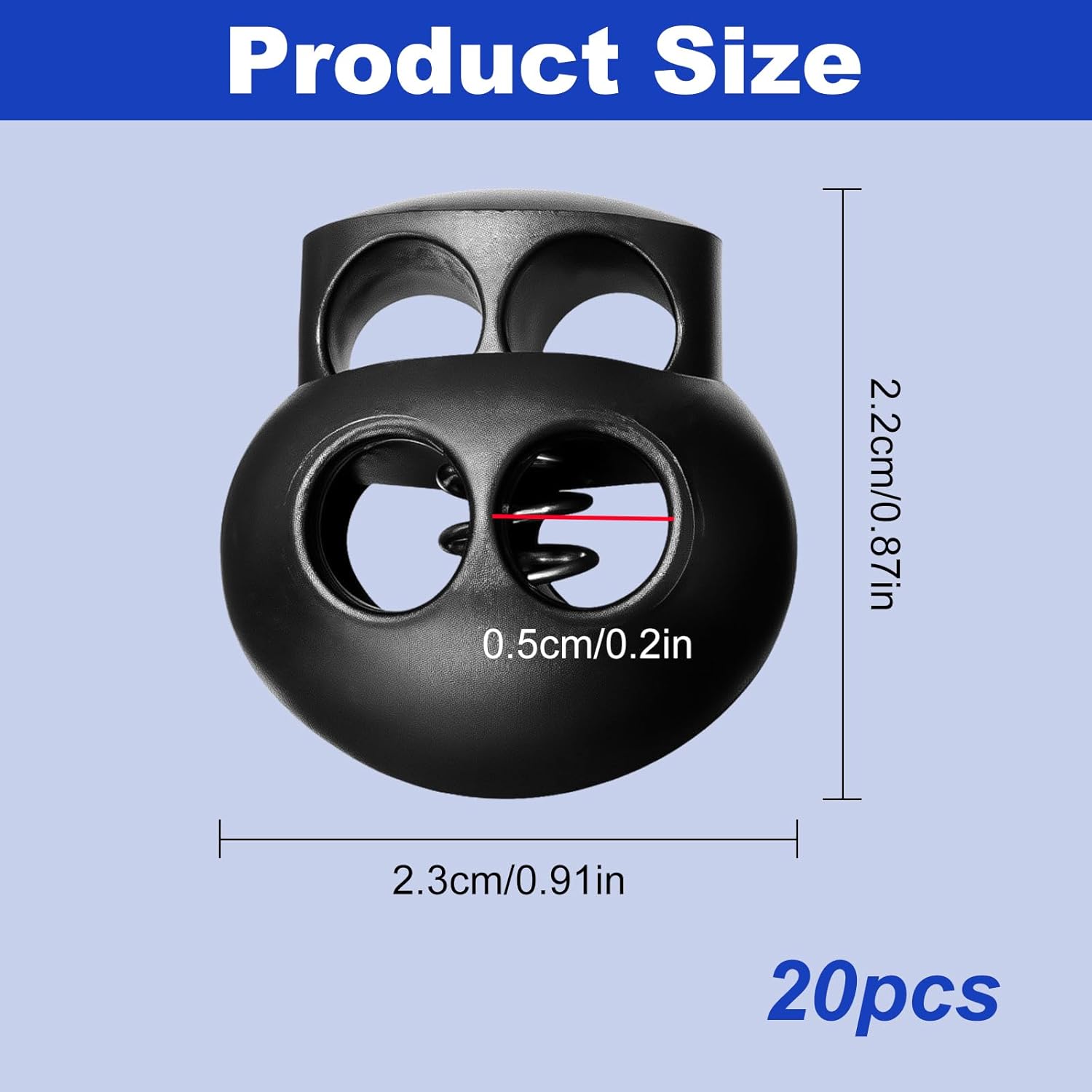 20Pcs Spring Cord Lock End Stopper Fastener Slider Toggles Clip - Double Hole Round Plastic for Drawstrings Lanyard Paracord Elastic Bungee Shock Cord Rope - Shoe Lace Tie Locks - Shoelace Lace Lock