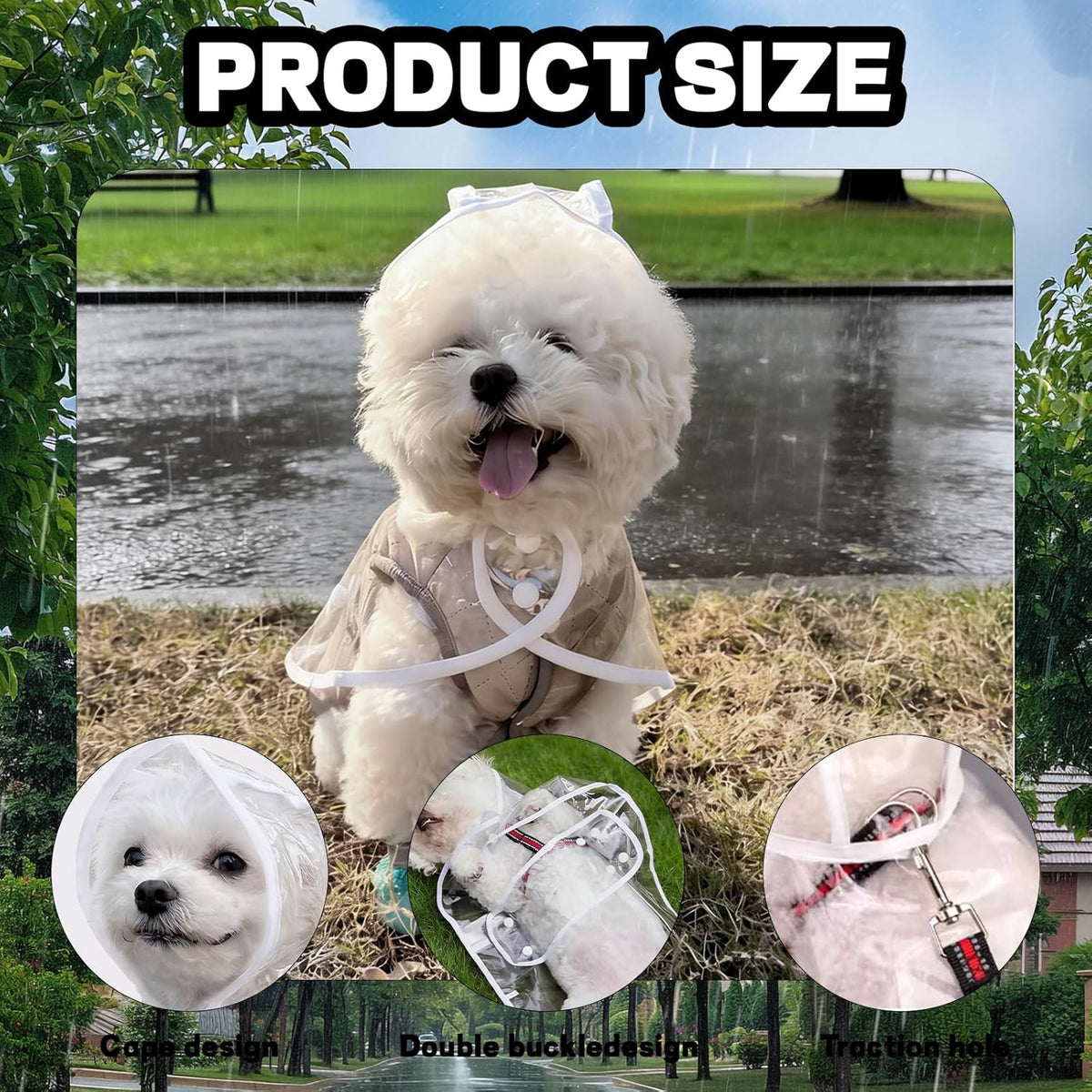 Clear Dog Rain Poncho for Small Medium Dogs - Heavy Waterproof Raincoat with Hidden Leash Hole & Adjustable Snaps - Transparent, Pet Hooded Cape for Bichon Poodle (4-8lbs)